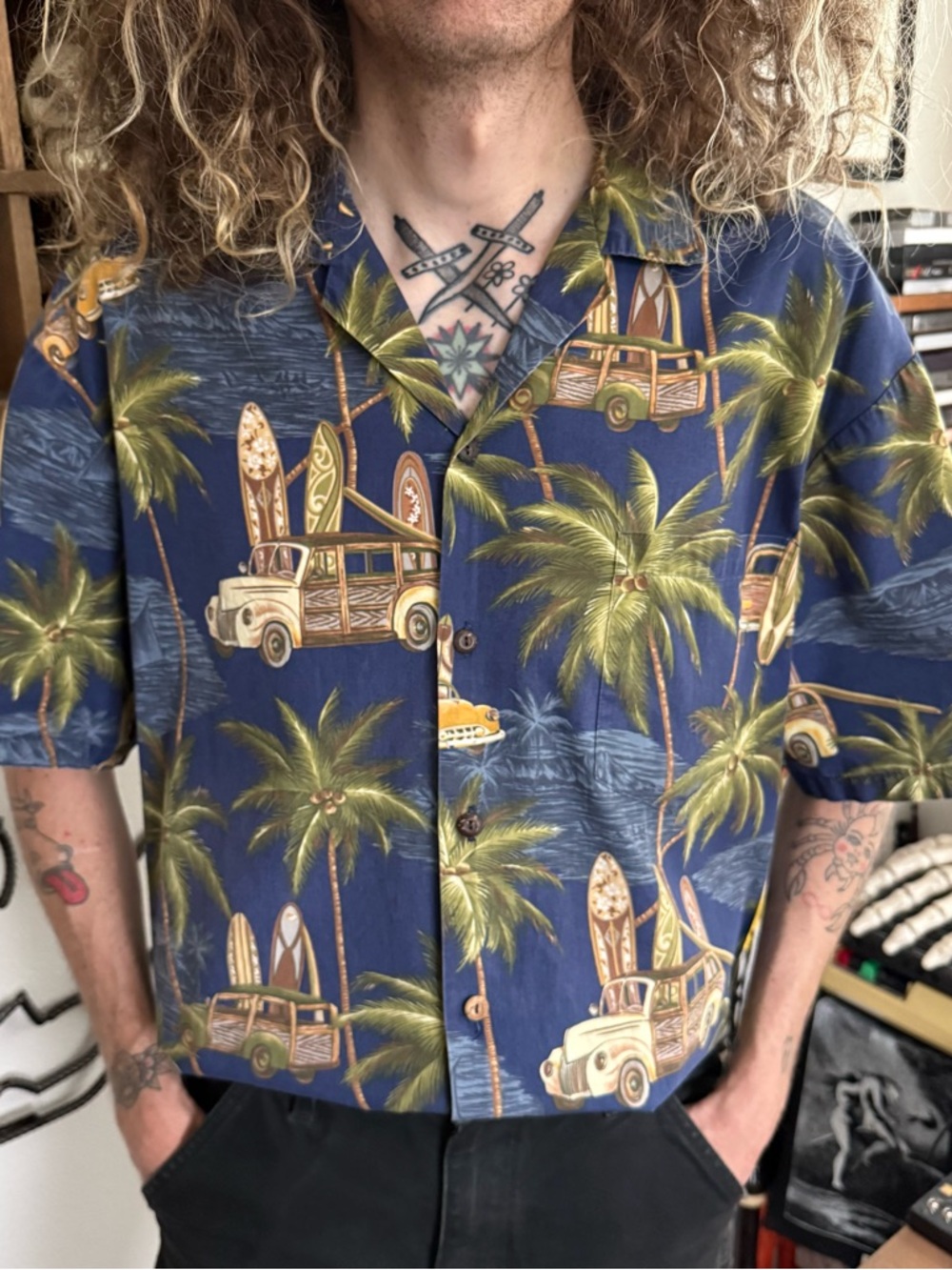 Vintage 90s Hawaiian Palm Trees Surf Boards Woodies S/S Button Down ~ Size XXL